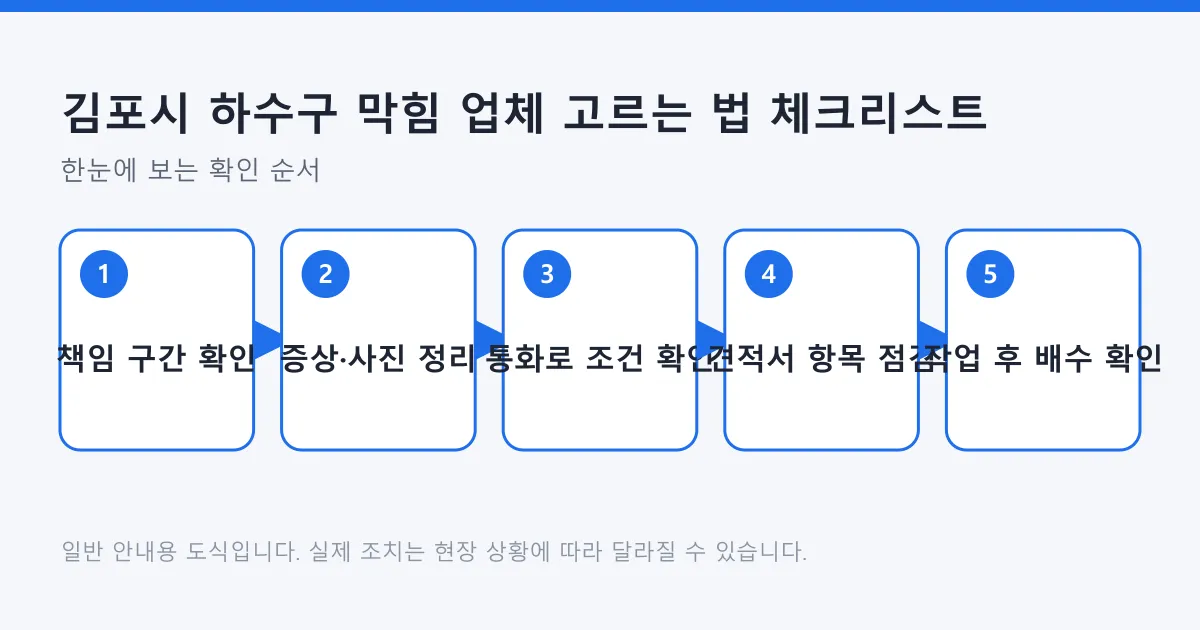 하수구 막힘 업체를 고를 때 책임 구간 확인부터 작업 후 배수 확인까지 다섯 단계를 순서대로 보여 주는 도식입니다.