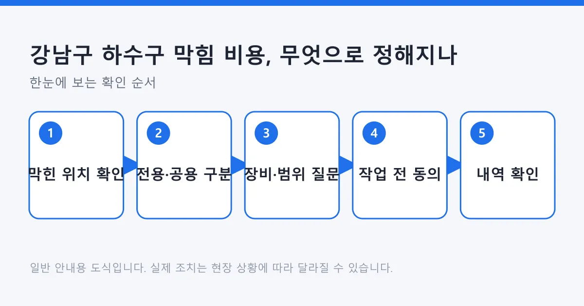 하수구 막힘 비용을 판단하는 순서를 막힌 위치 확인부터 작업 내역 확인까지 다섯 단계로 정리한 도식