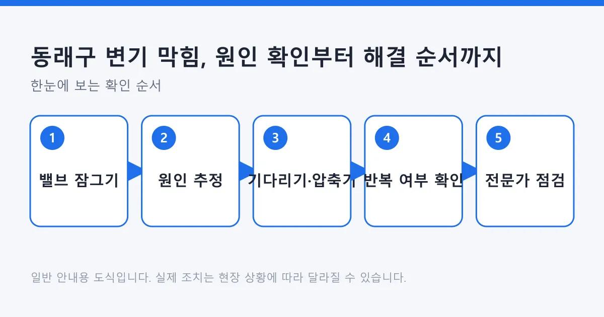 변기 막힘 시 급수 밸브를 잠그고 원인을 추정한 뒤 기다리기와 압축기 조치를 하고, 해결되지 않거나 반복되면 전문가 점검으로 넘어가는 순서도입니다.