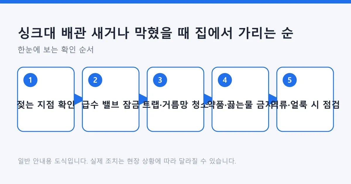 싱크대 배관 증상을 확인하고 안전한 조치를 거쳐 점검을 요청하는 순서를 나타낸 도식.