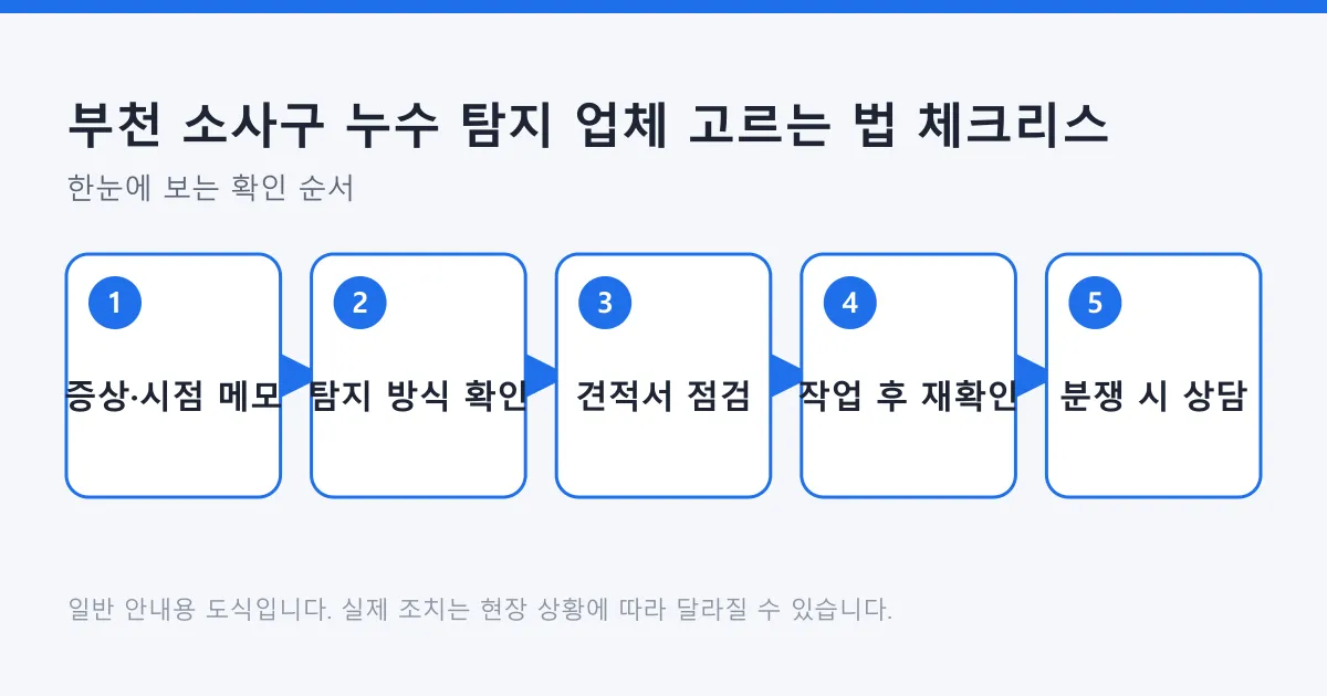 누수 탐지 업체에 연락하기 전 메모부터 작업 후 확인과 상담 경로까지 다섯 단계를 정리한 도식