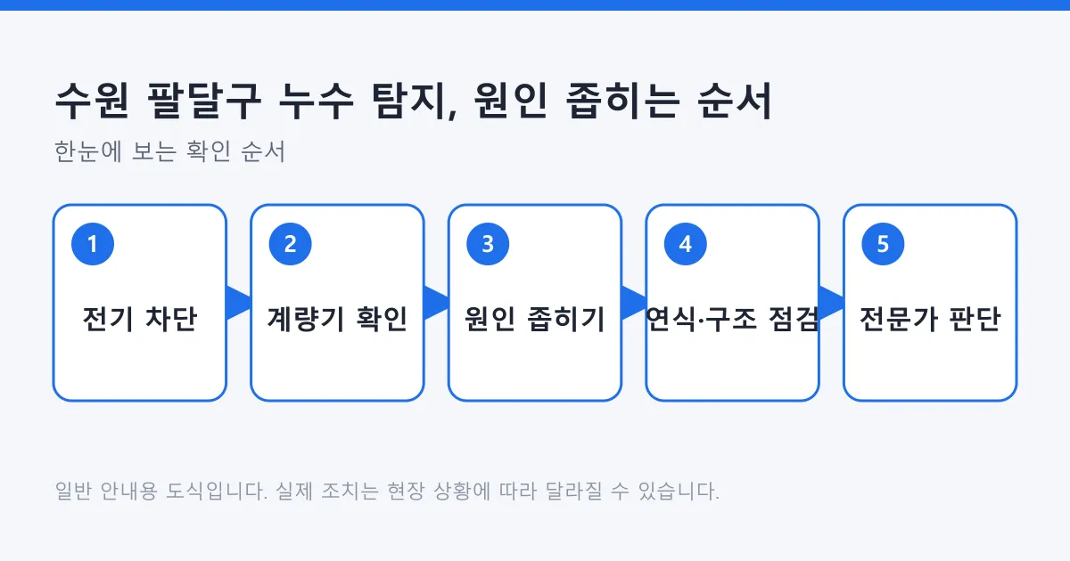누수가 의심될 때 전기 차단과 수도계량기 확인으로 시작해 원인을 좁히고 전문가 판단으로 넘어가는 다섯 단계 순서도