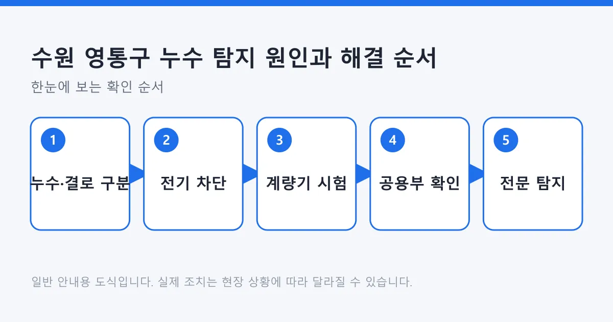 누수와 결로를 먼저 구분하고 전기 차단, 계량기 시험, 공용부 확인을 거쳐 전문 탐지로 넘어가는 다섯 단계 순서도
