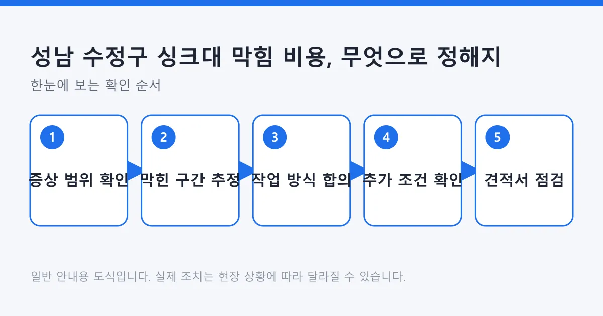 싱크대 막힘 비용을 판단하는 다섯 단계를 순서대로 보여 주는 도식