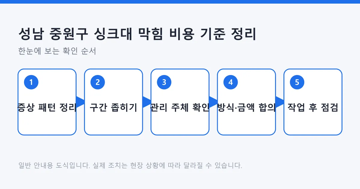 싱크대 막힘 상담부터 작업 후 점검까지 다섯 단계를 정리한 도식