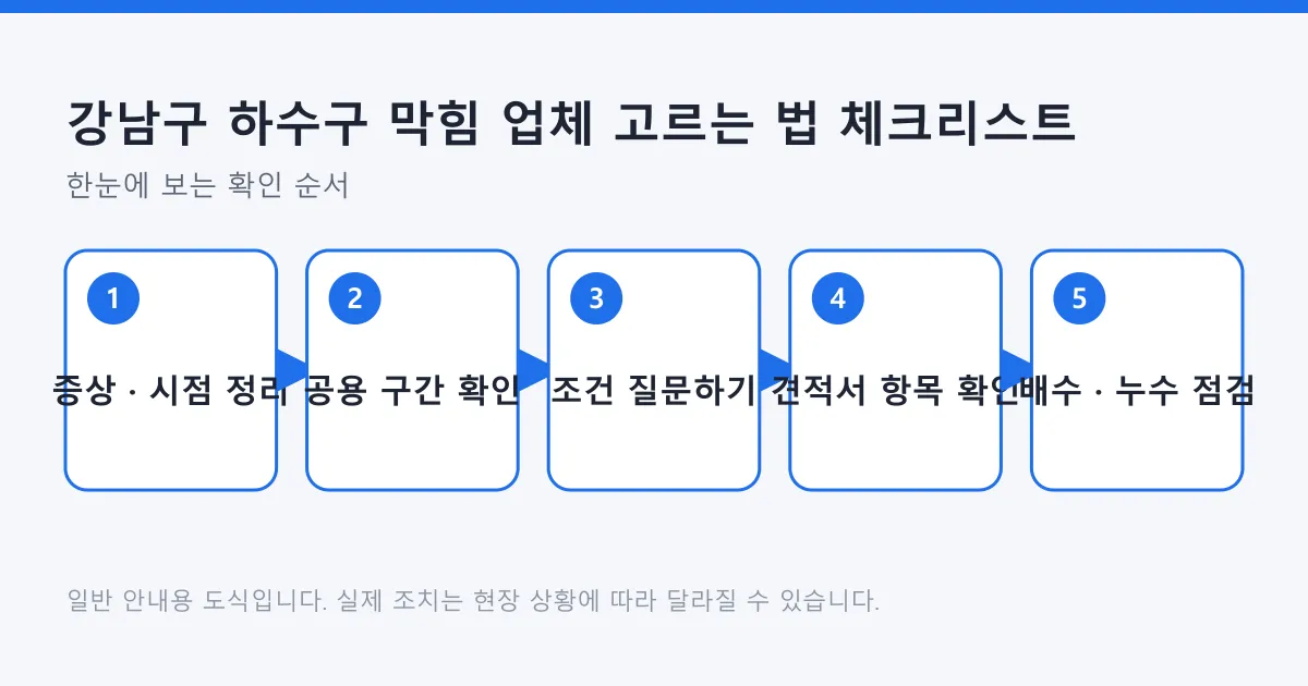 하수구 막힘 업체를 고르고 작업을 맡기는 다섯 단계 체크 순서를 보여 주는 도식.