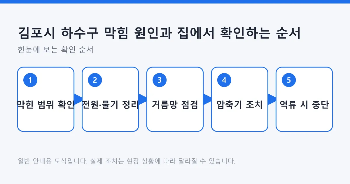 하수구 막힘을 범위 확인부터 안전 정리, 셀프 점검, 간단한 조치, 중단 신호까지 다섯 단계로 정리한 도식입니다.