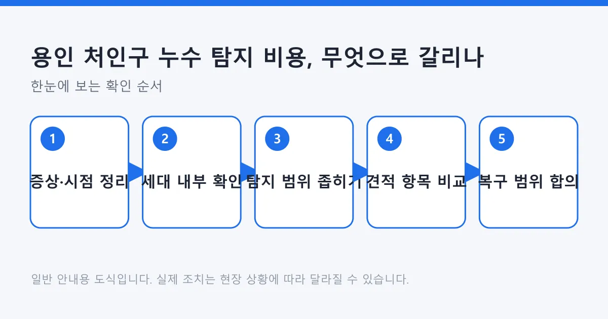 누수 증상 정리부터 세대 확인, 탐지 범위 좁히기, 견적 항목 비교, 복구 범위 합의까지의 다섯 단계를 보여 주는 도식