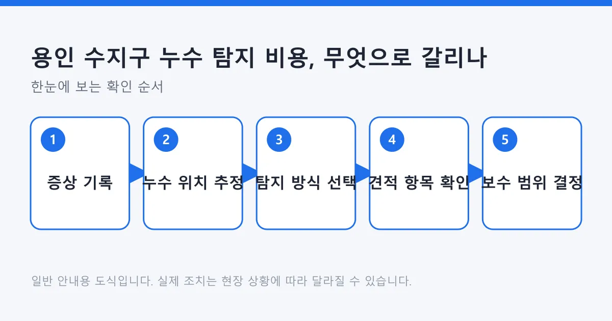 누수 증상 기록부터 위치 추정, 탐지 방식 선택, 견적 항목 확인, 보수 범위 결정까지 다섯 단계를 순서대로 보여주는 도식