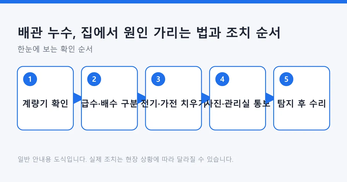 배관 누수 의심 시 수도계량기 확인부터 급수·배수 구분, 전기와 가전 치우기, 사진 기록과 관리사무소 통보, 탐지 후 수리까지의 순서를 보여 주는 도식입니다.