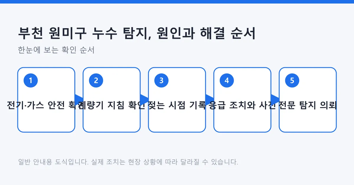 누수 의심 시 안전 확인부터 계량기 점검, 기록, 응급 조치, 전문 탐지 의뢰까지의 순서를 보여주는 도식