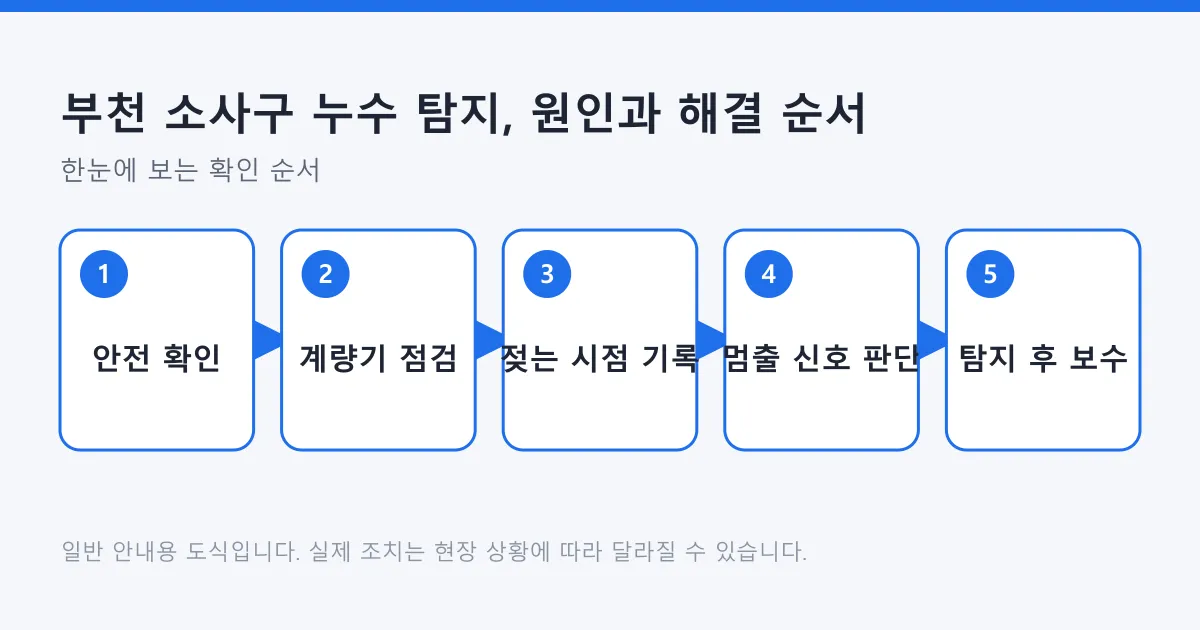 누수 안전 확인에서 계량기 점검, 젖는 시점 기록, 전문가 호출 판단, 탐지 후 보수까지의 순서를 보여주는 도식