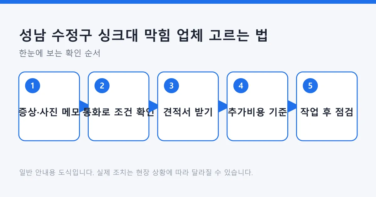 싱크대 막힘 업체를 고를 때 증상 메모부터 통화 확인, 견적서, 추가 비용 기준, 작업 후 점검까지 이어지는 다섯 단계 도식