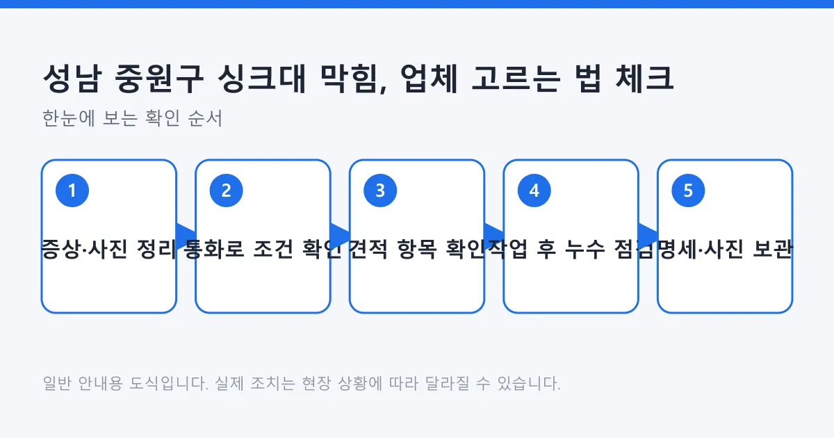 싱크대 막힘 업체에 연락하기 전 정보 정리부터 작업 후 기록 보관까지 다섯 단계를 보여주는 도식.