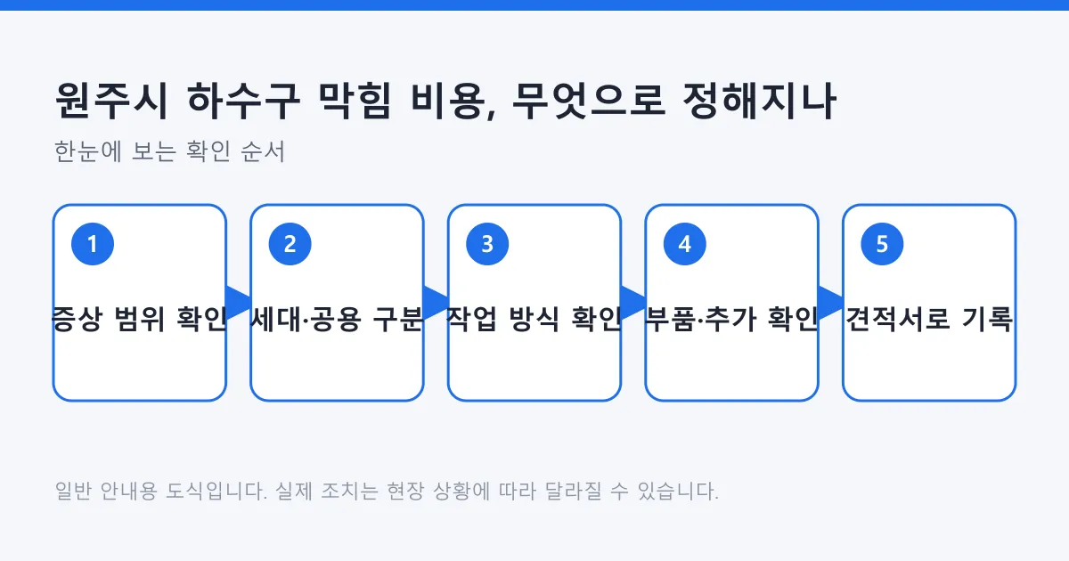 하수구 막힘 비용을 가늠하기 위해 증상 범위 확인부터 견적서 기록까지 이어지는 다섯 단계 도식입니다.