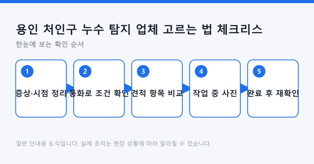 누수 탐지 업체에 연락하기 전 증상 정리부터 완료 후 재확인까지의 다섯 단계를 보여주는 도식