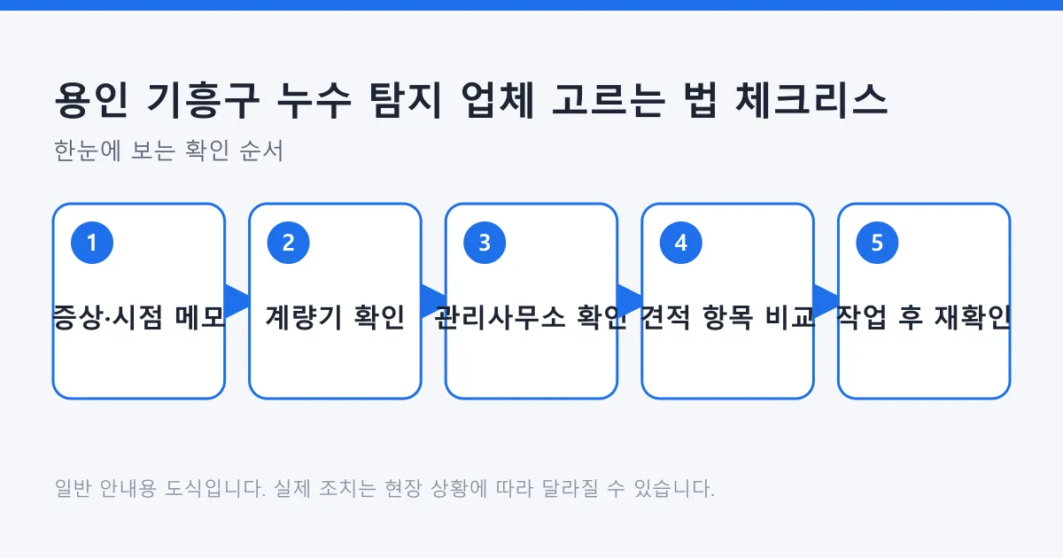 누수 증상 기록부터 계량기 확인, 관리사무소 문의, 견적 비교, 작업 후 재확인까지 다섯 단계를 보여 주는 도식