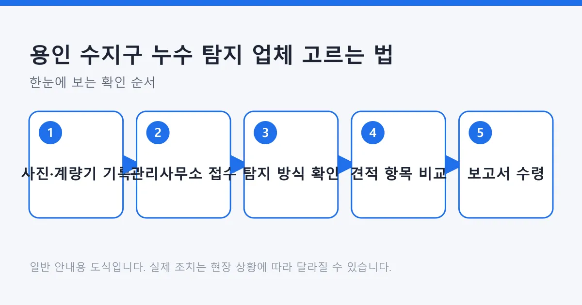 누수 사진과 계량기 기록, 관리사무소 접수, 탐지 방식 확인, 견적 비교, 보고서 수령 순서를 보여 주는 도식