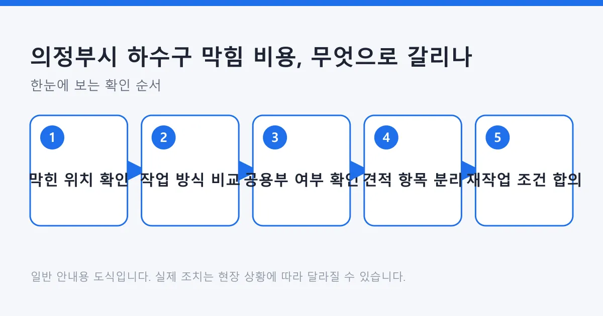 하수구 막힘 견적을 막힌 위치 확인부터 작업 방식 비교, 공용부 확인, 견적 항목 분리, 재작업 조건 합의까지 다섯 단계로 정리한 도식