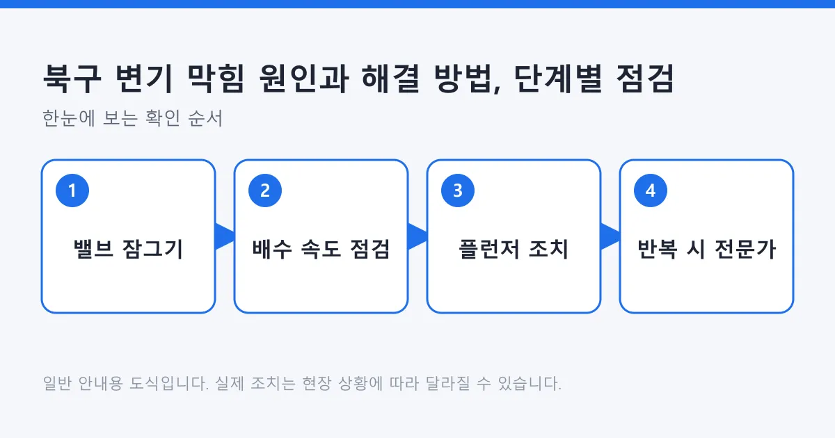 변기 막힘 시 밸브를 잠그고, 배수 속도와 다른 배수구를 점검한 뒤, 플런저로 조치하고, 해결되지 않거나 반복되면 전문가를 부르는 4단계 순서도