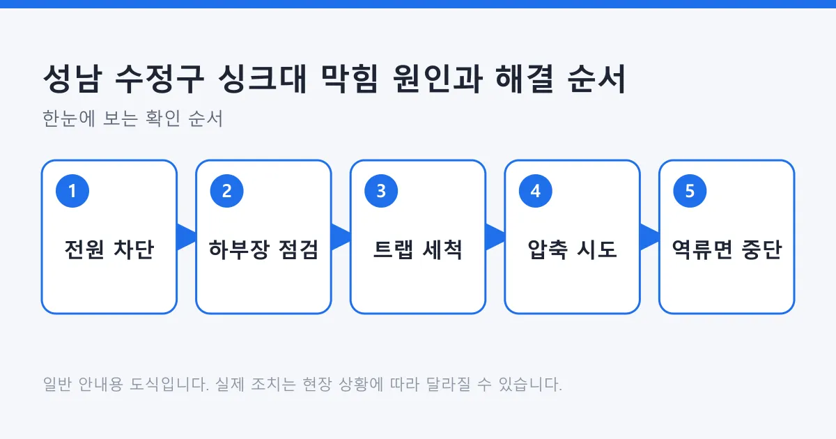 싱크대 막힘을 전원 차단과 하부장 점검부터 트랩 세척, 압축 시도까지 진행하고 역류 신호에서 멈추는 순서를 나타낸 도식