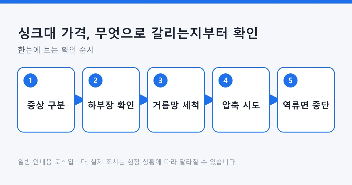 싱크대 증상을 구분한 뒤 거름망 세척과 압축 시도까지 해 보고 역류 신호에서 멈추는 순서를 나타낸 도식