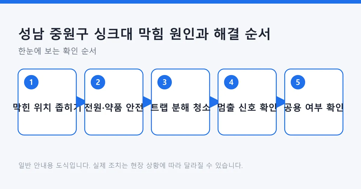 싱크대 막힘을 위치 확인부터 안전 조치, 트랩 청소, 전문가 호출 판단까지 순서로 정리한 도식