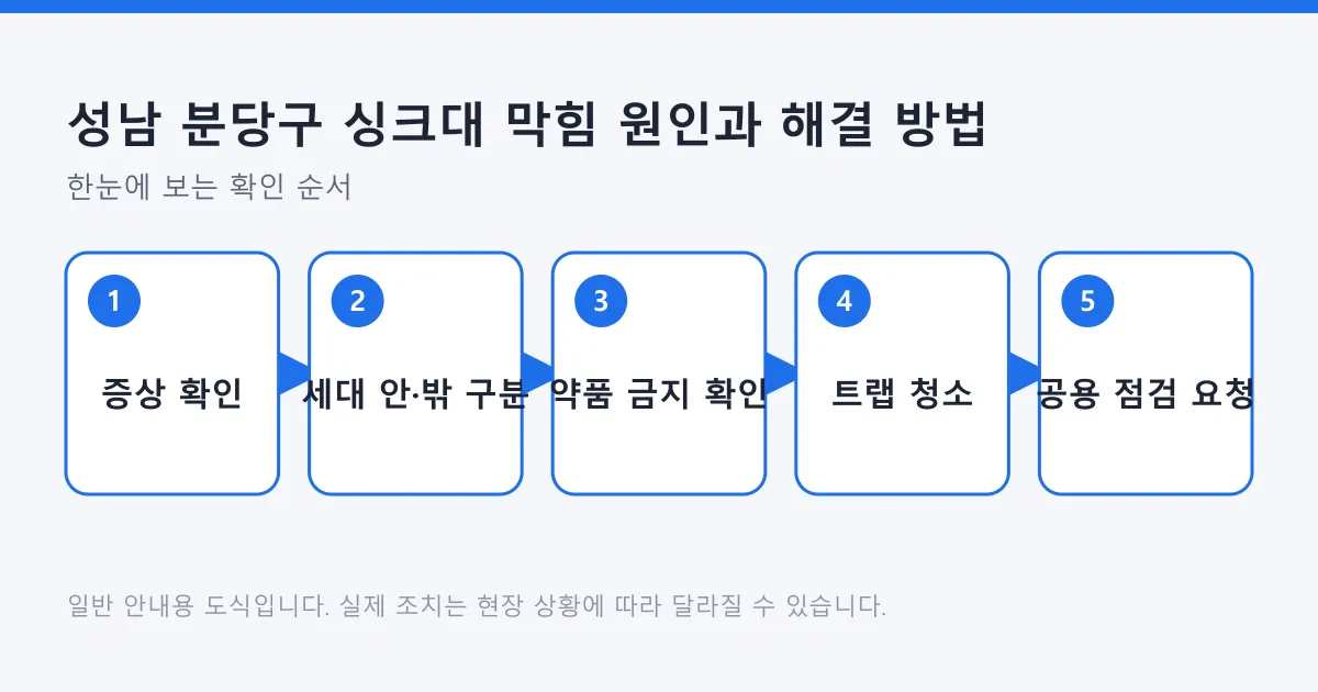 싱크대 막힘을 증상 확인과 세대 안팎 구분부터 트랩 청소, 공용 배관 점검 요청까지 순서로 정리한 도식