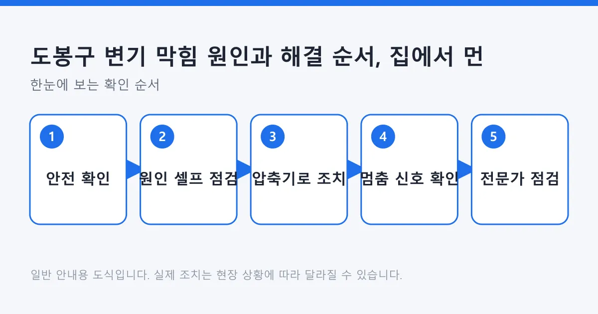변기 막힘 시 안전 확인, 셀프 점검, 압축기 조치, 멈춤 신호 확인, 전문가 점검으로 이어지는 5단계 순서도