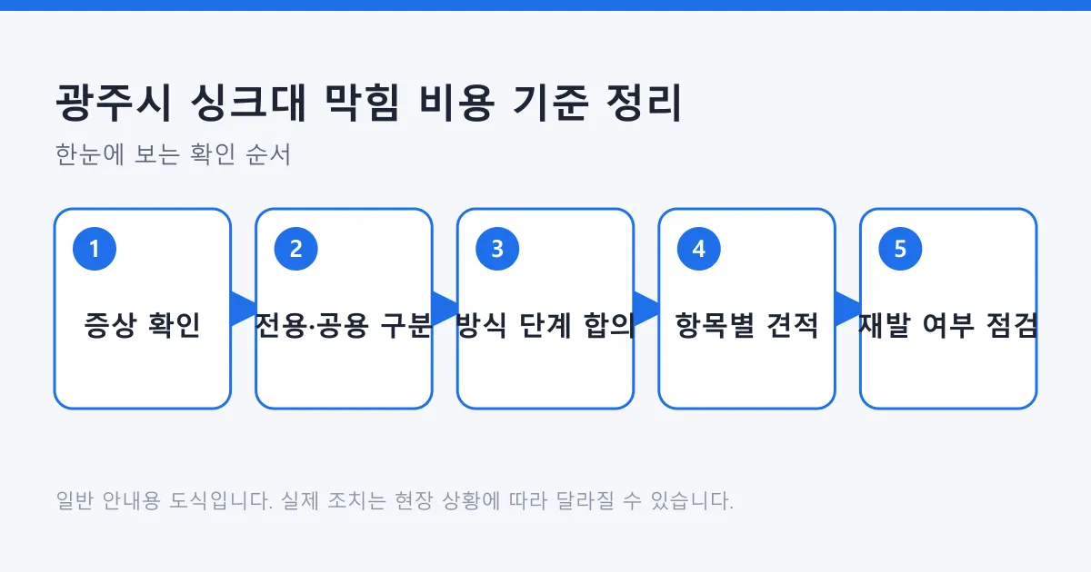 싱크대 막힘 증상 확인부터 전용·공용 배관 구분, 작업 방식 합의, 항목별 견적, 재발 점검까지 다섯 단계를 보여 주는 도식입니다.