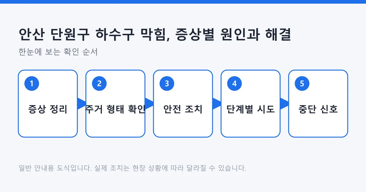 하수구 막힘을 증상 정리에서 주거 형태 확인, 안전 조치, 단계별 시도, 중단 신호까지 정리한 도식