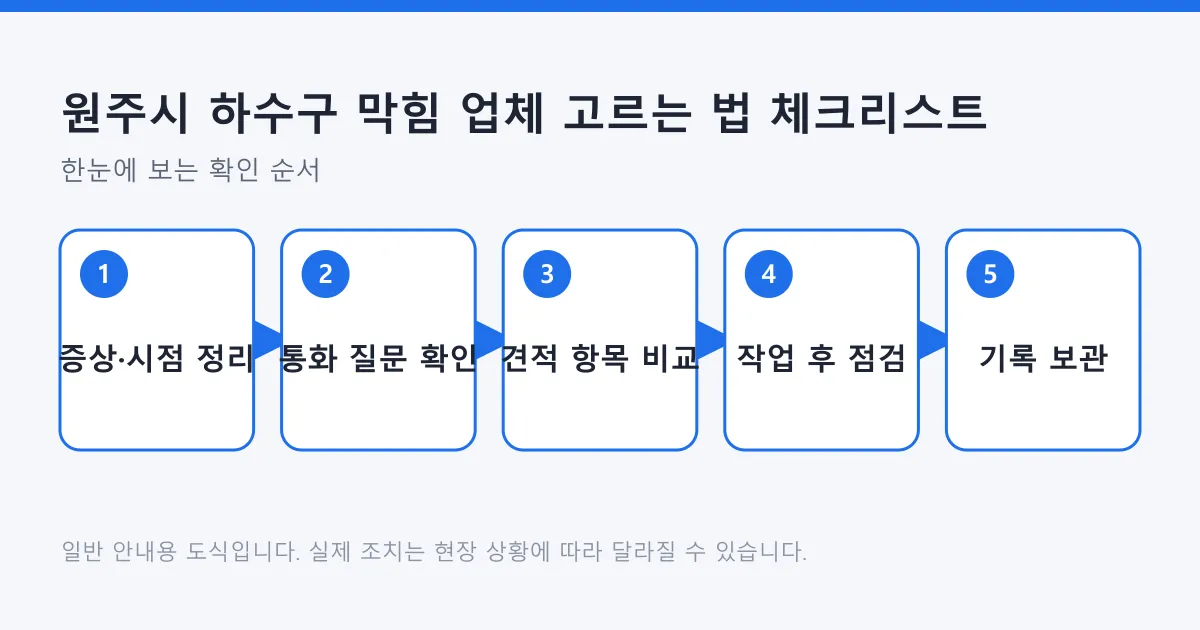 하수구 막힘 업체를 부를 때 증상 정리부터 통화 질문, 견적 비교, 작업 후 점검, 기록 보관까지 이어지는 다섯 단계 도식
