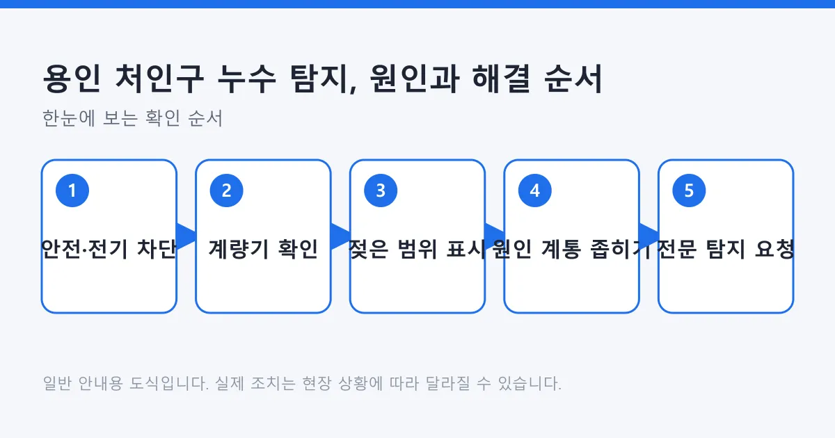 누수가 의심될 때 안전 차단에서 계량기 확인, 젖은 범위 표시, 원인 계통 좁히기, 전문 탐지 요청으로 이어지는 5단계 흐름도.