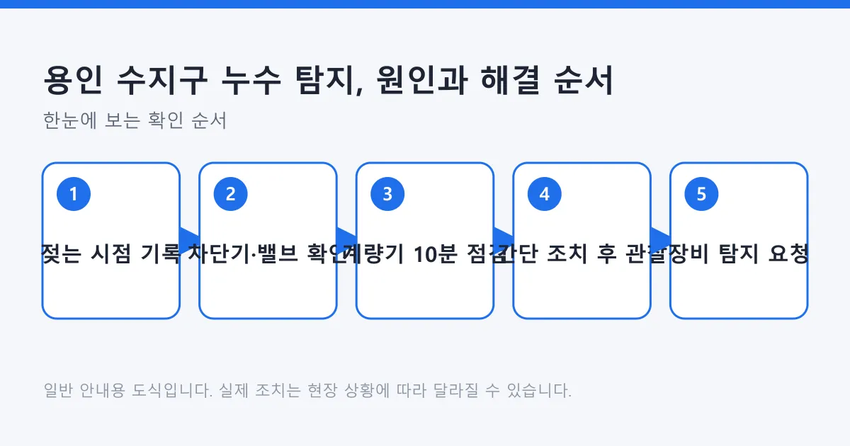 누수 의심 시 젖는 시점 기록부터 안전 확인, 계량기 점검, 간단한 조치, 장비 탐지 요청까지의 다섯 단계 도식