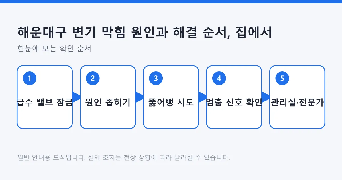 변기 막힘 시 급수 밸브를 잠그고 원인을 좁힌 뒤 뚫어뻥을 시도하고, 멈춤 신호가 보이면 관리사무소나 전문가에게 연락하는 순서를 보여 주는 도식입니다.