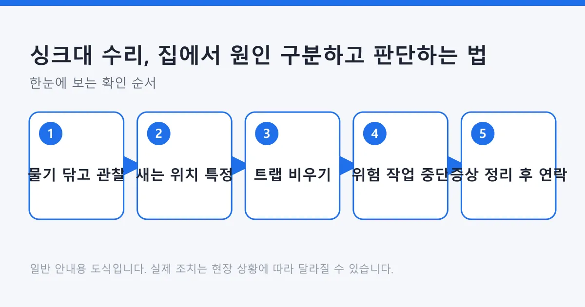 싱크대 문제를 물기 제거와 관찰, 누수 위치 특정, 트랩 청소, 위험 작업 중단, 증상 정리 후 연락 순서로 정리한 도식