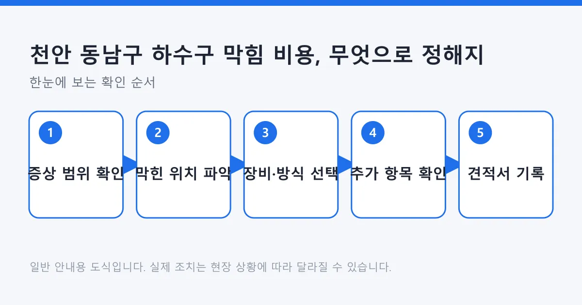하수구 막힘 비용을 판단하는 다섯 단계를 순서대로 보여주는 도식