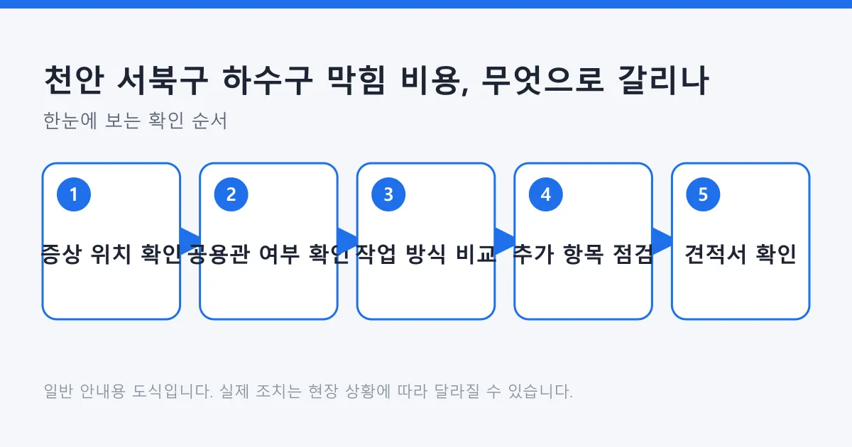 하수구 막힘 비용을 판단하는 순서를 증상 위치 확인부터 견적서 확인까지 다섯 단계로 정리한 도식