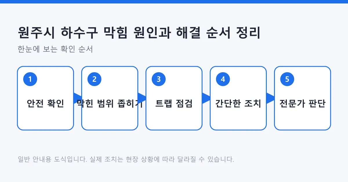 하수구 막힘을 안전 확인에서 시작해 범위 좁히기, 트랩 점검, 간단한 조치, 전문가 판단까지 다섯 단계로 정리한 도식