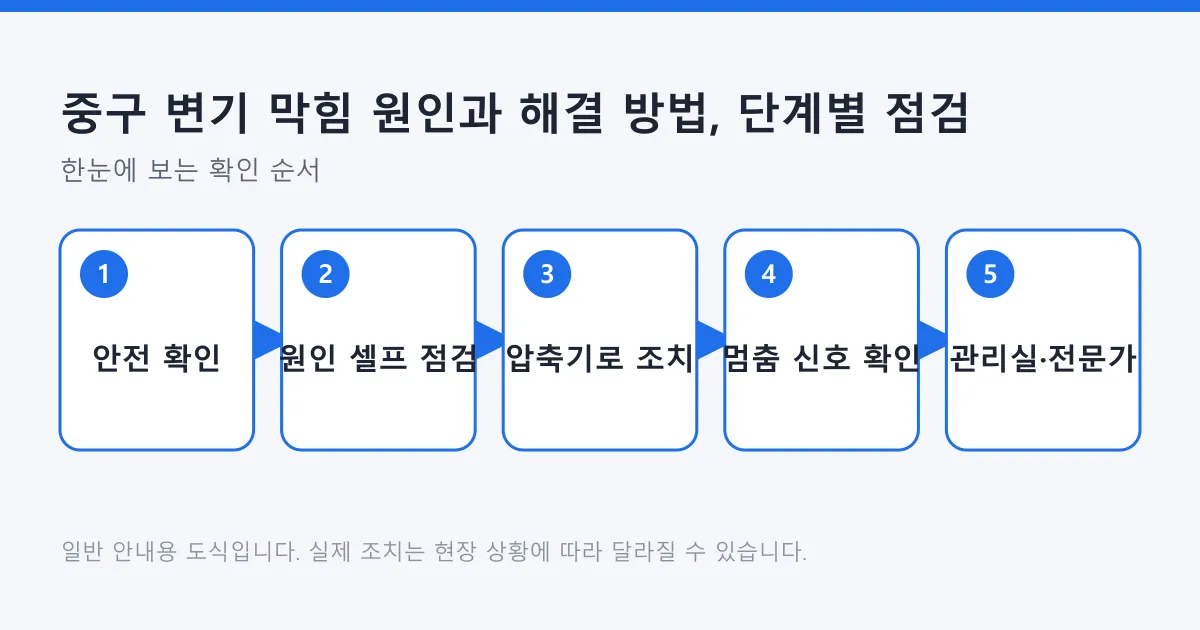변기 막힘 시 안전 확인, 원인 점검, 압축기 조치, 멈춤 신호 확인, 관리사무소나 전문가 요청 순서로 진행하는 5단계 도식