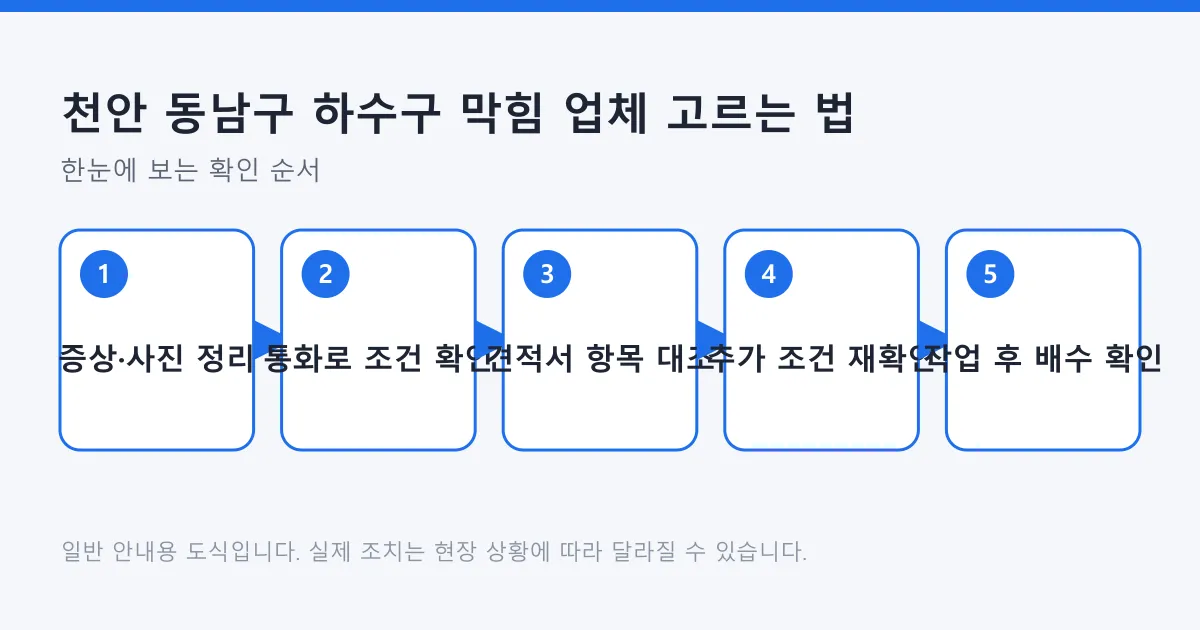 하수구 막힘 업체를 고를 때 증상 정리부터 작업 후 배수 확인까지 거치는 다섯 단계를 보여 주는 도식