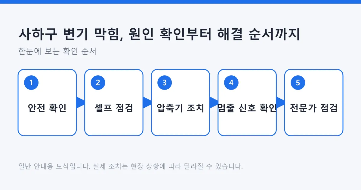 변기 막힘 시 안전 확인, 셀프 점검, 압축기 조치, 멈출 신호 확인, 전문가 점검으로 이어지는 5단계 해결 순서를 나타낸 도식