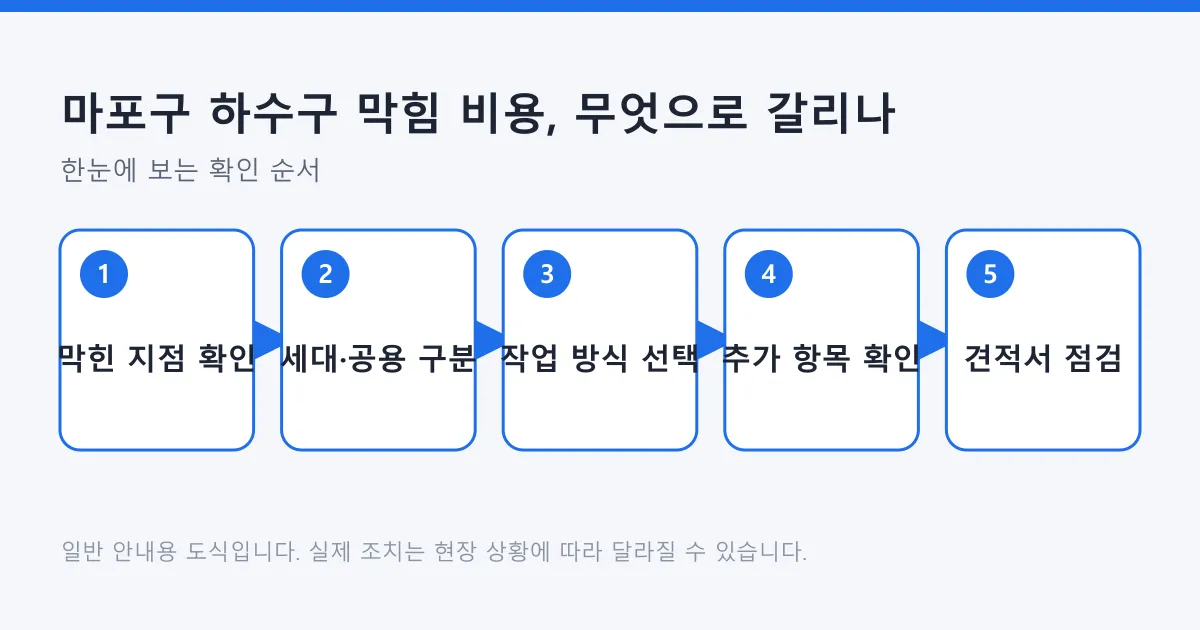하수구 막힘 비용을 가늠할 때 막힌 지점 확인부터 견적서 점검까지의 다섯 단계를 보여 주는 도식