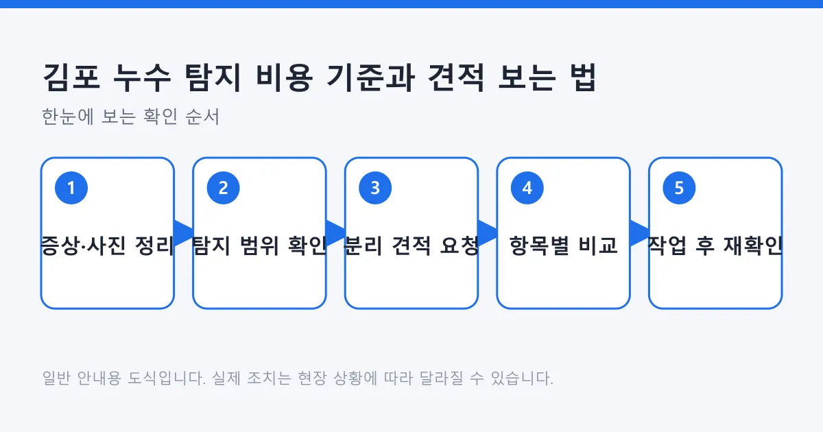 누수 탐지 비용을 가늠하는 순서를 증상 정리부터 작업 후 재확인까지 다섯 단계로 보여 주는 도식