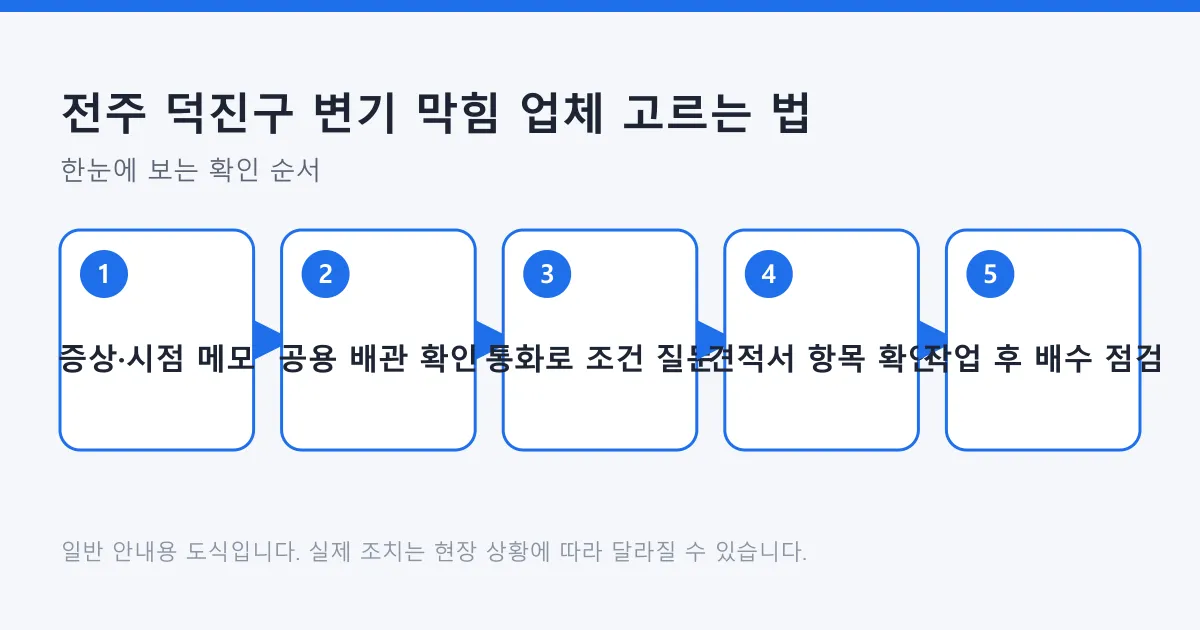 변기 막힘 업체를 부르기 전 증상 정리부터 작업 후 배수 점검까지 다섯 단계를 보여 주는 도식.