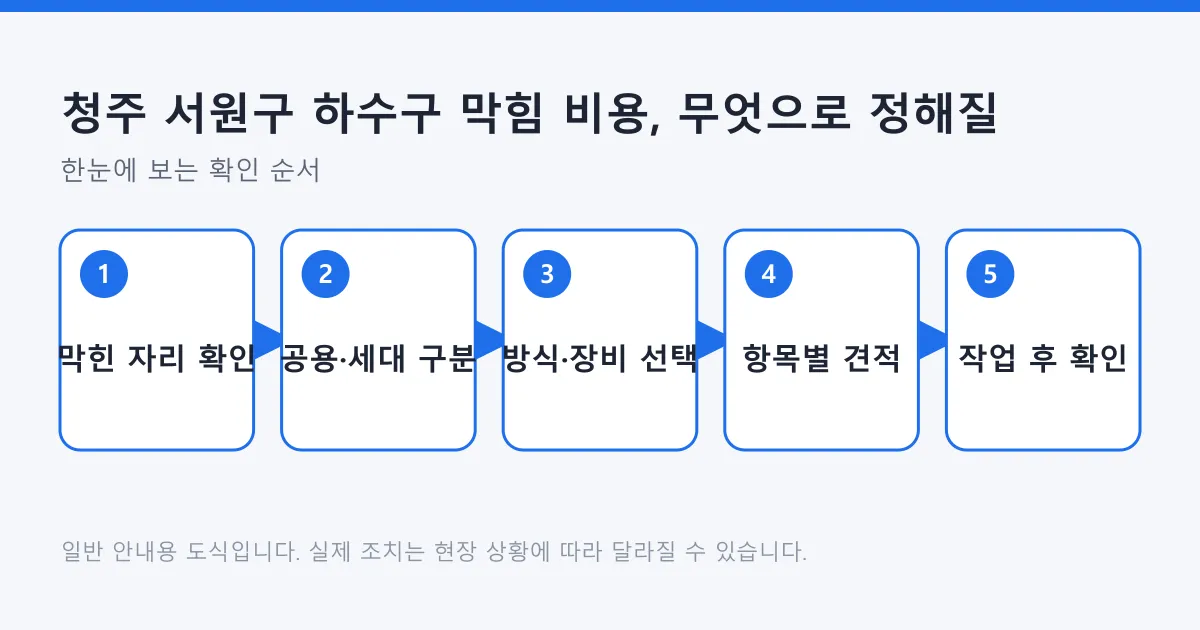 하수구 막힘 비용을 가늠하는 순서를 막힌 자리 확인부터 작업 후 확인까지 다섯 단계로 정리한 도식