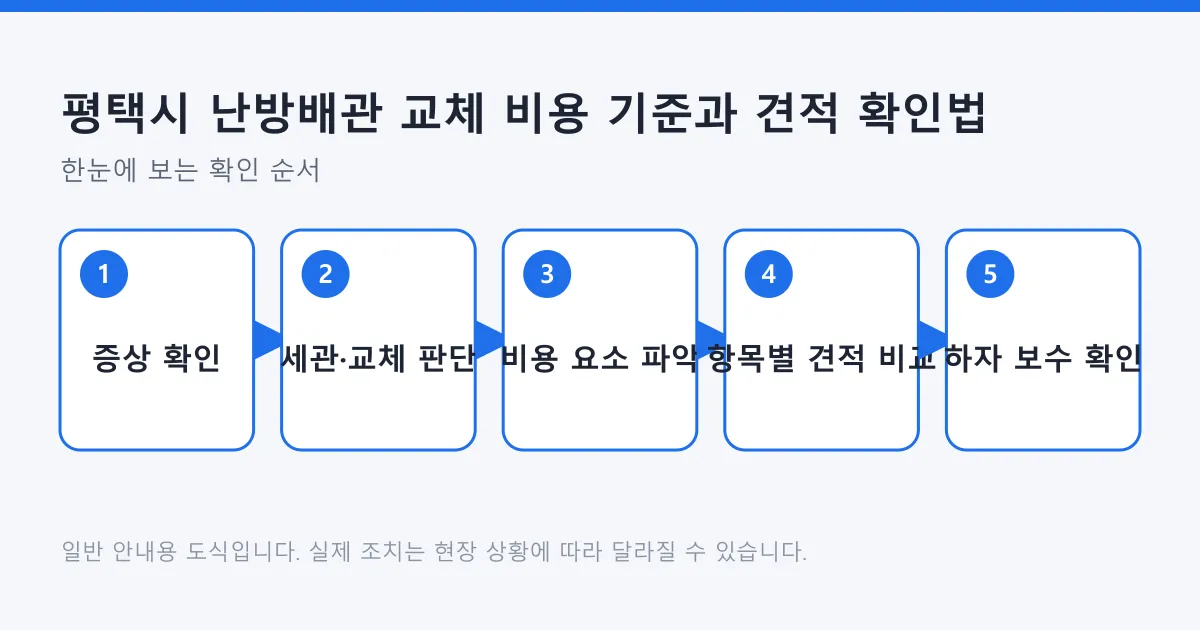 난방배관 증상을 확인하고 세관과 교체를 판단한 뒤, 비용 요소를 파악해 항목별 견적과 하자 보수 기간을 비교하는 순서를 보여 주는 도식입니다.