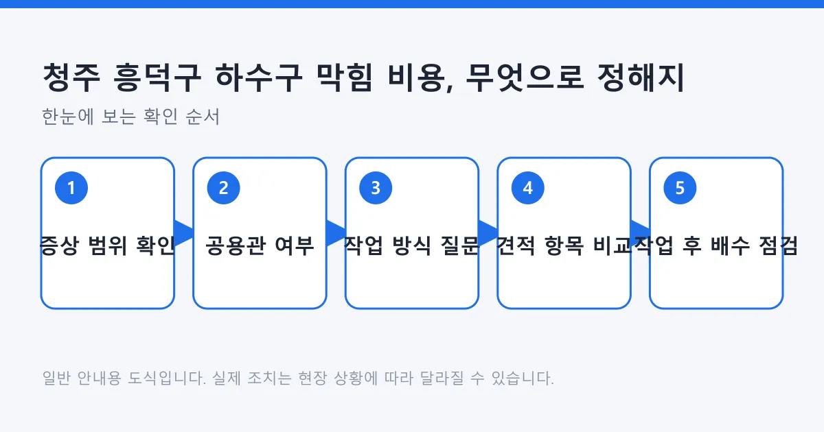 하수구 막힘 증상 확인부터 공용관 여부 판단, 작업 방식 질문, 견적 비교, 작업 후 점검까지 이어지는 다섯 단계 도식