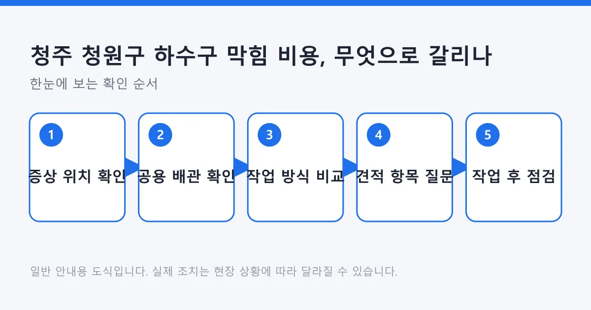 하수구 막힘 비용을 판단하는 순서를 증상 위치 확인부터 작업 후 점검까지 다섯 단계로 정리한 도식