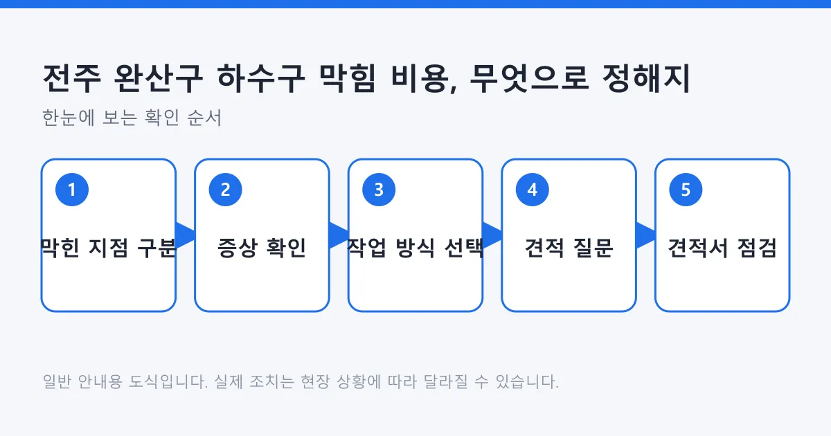 하수구 막힘 비용을 판단하는 순서를 막힌 지점 구분부터 견적서 점검까지 다섯 단계로 정리한 도식